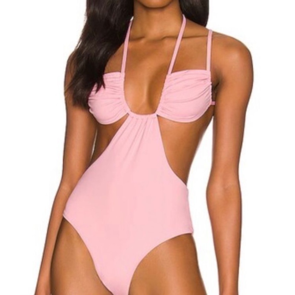 WeWoreWhat Light Pink Ruched Cup Tie One Piece- Baby Pink